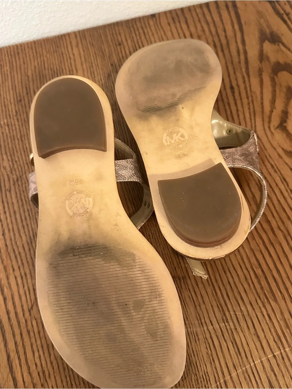 Michael Kors Metallic Rose Gold MK Logo T-Strap Sandal
